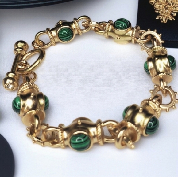 Matte Gold Byzantine Revival Malachite Cabochon Toggle Bracelet - Picture 2 of 7